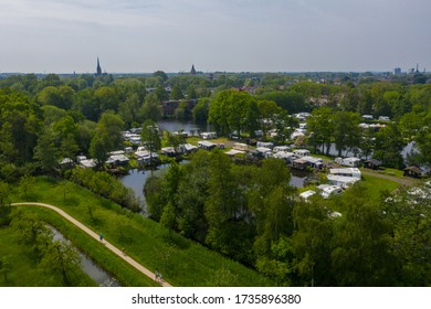 Typical Traditiondutch Way Of Spending The Holyday / Vacation. Aerial Drone View Of Caravan Motor Home Camp Site Camp Grounds Camping.