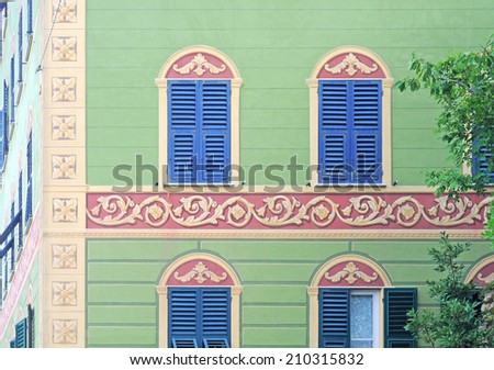 Typical trompe-l'oeil or paintery illusions on buildings of historical significance in Liguria, Italy