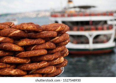 Typical Turkish Street Food; Simit For Sale On The Galata Bridge In Istanbul, Turkey