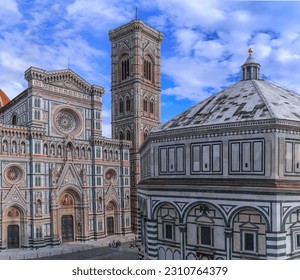 Typical urban view of Florence: the Cathedral of Santa Maria del Fiore with Giotto's Bell Tower and the Baptistery, Italy. - Shutterstock ID 2310764379