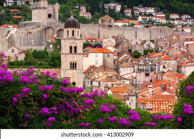 Typical View Of Dubrovnik Scenery, Surrounded By Trees And Flowers. Croatia.