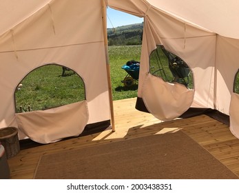 A Typical View From Inside A Large Family Tent On A Field Camping In Summer Wales 2019