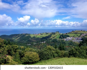 Typical view of the sea from the hills of the Pais Basco, Spain, on the camino de Santiago de Compostela, Camino del Norte or the Coastal Saint James Way, pilgrimage route in the Northern Spain