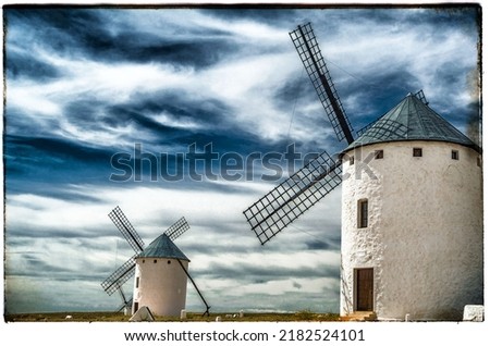 Typical windmill in Campo de Criptana, Spain, on Don Quixote Route, based on a literary character, it refers to the route followed by the protagonist of the novel Don Quixote de la Mancha by Cervantes