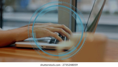 Typing bare-forearmed hands on silver laptop at wooden table by window, HUD overlay and ceramic cup. Keyboard, focus, productivity, coworking, cafe, minimalist, interior