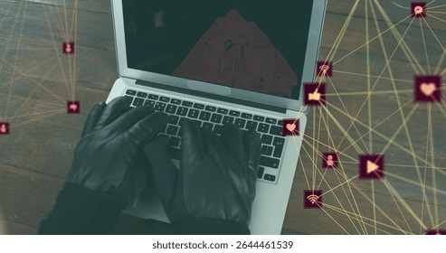 Typing black leather-gloved hands pressing laptop keys at office desk, social network icons overlay. Technology, cybersecurity, modern, communication, digital, innovation, professional
