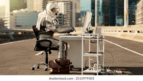 Typing, city and astronaut working in road for business project with interstellar report for mission. Technology, person and space pilot at desk with discovery of civilization on bridge in urban town - Powered by Shutterstock