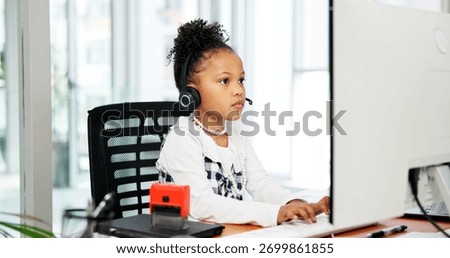 Typing, computer or child with headset in office, business professional cosplay or customer care career. Pc, tech support dressup or girl with virtual assistant costume, hotline agent and call center