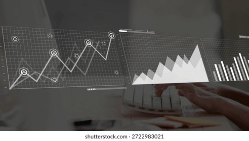 Typing hands with light cuff hovering over white keyboard at desk, AR data overlay, copy space. Analytics, visualization, dashboard, metrics, focus, office, workspace
