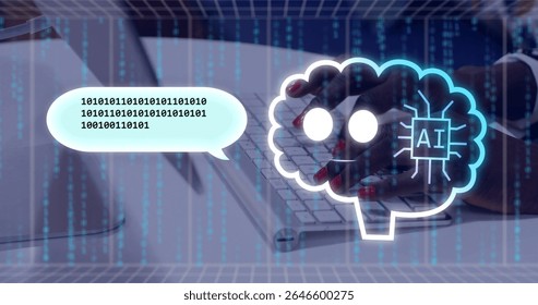 Typing hands pressing white keyboard at office desk, with binary code streams and AI brain graphic. Technology, digital, innovation, modern, productivity, professional, futuristic - Powered by Shutterstock - Get 15% off with code: PIKWIZARD15