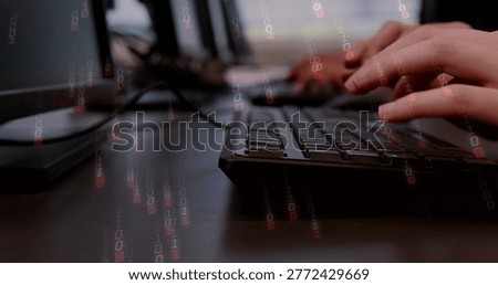 Typing hands tapping slim black keyboard at desk, with monitors, cables, binary overlay, copy space. Workstation, focus, keystrokes, screens, digits, minimalist, productivity