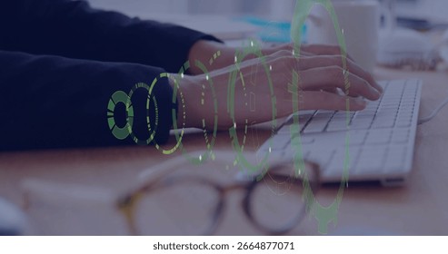 Typing office worker using white keyboard on office desk with HUD graphics, eyeglasses, coffee mug. Technology, productivity, workspace, futuristic, digital, professional, innovation