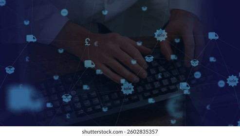 Typing on keyboard with digital icons of sales and currency overlaying. E-commerce, finance, marketing, online shopping, transaction, technology
