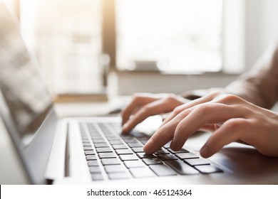 Typing on laptop closeup, chatting in Facebook, meeting website. Blogger, journalist writing new article. - Shutterstock ID 465124364