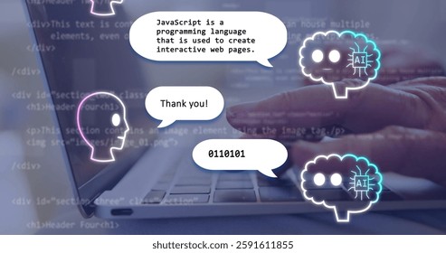 Typing on laptop keyboard, image of AI explaining JavaScript in simple terms. Technology, coding, programming, learning, computer, education - Powered by Shutterstock - Get 15% off with code: PIKWIZARD15