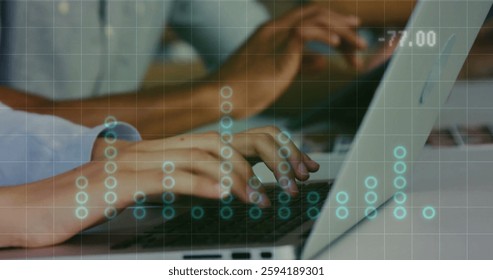 Typing on laptops, binary code and data processing image over hands. Technology, coding, IT, digital, programming, cybersecurity