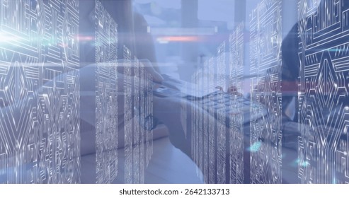 Typing IT professional blending laptop hardware with data overlays in server room, circuit board. Technology, cybersecurity, digital, innovation, coding, data, futuristic