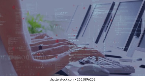 Typing programmer hands pressing keys on keyboards at office row, with monitors, code and plant. Technology, software, coding, collaboration, modern, digital, workspace - Powered by Shutterstock - Get 15% off with code: PIKWIZARD15
