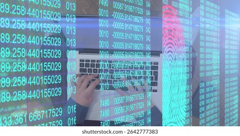 Typing programmer hands pressing laptop keys at wooden desk, with numeric and fingerprint overlay. Technology, cybersecurity, data analysis, digital security, innovation, programming, workspace