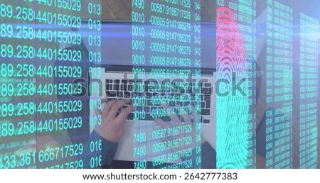 Typing programmer hands pressing laptop keys at wooden desk, with numeric and fingerprint overlay. Technology, cybersecurity, data analysis, digital security, innovation, programming, workspace