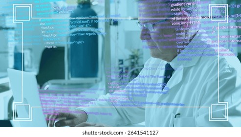 Typing senior scientist in lab coat and glasses coding on laptop in laboratory, with code overlay. Research, innovation, technology, science, analytics, professional, modern - Powered by Shutterstock - Get 15% off with code: PIKWIZARD15