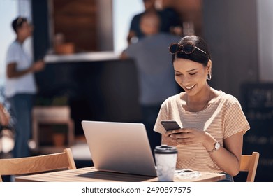 Typing, smile and woman with cellphone, outdoor and break from remote work, food truck and chat with contact. Communication, laptop and happy with conversation, online and dating app for girl - Powered by Shutterstock