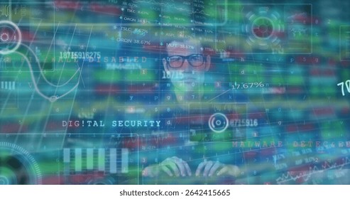 Typing IT specialist in dark shirt and glasses operating keyboard at office, with security graphics. Cybersecurity, data visualization, digital interface, high-tech, hacker, threat detection,