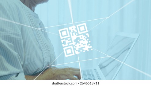 Typing striped-shirted woman on silver laptop at office, with floating QR code graphic, light beams. Technology, communication, innovation, workspace, modern, productivity, digital