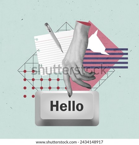 Typing Text Creative Art Collage. Advertisment Design. Post Card Poster Banner Flyer Texture Background Copy Space. Retro Vintage Color. Hand Mouth Key Button. Business Education Studing. Geometric.
