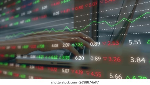 Typing trader hands pressing keys on laptop keyboard at home office, with financial data overlay. Digital, finance, technology, analytics, investment, trading, business