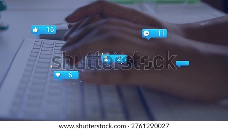 Typing woman's hands tapping keys on white laptop keyboard at desk, with blue social notifications. Computer, office, workspace, productivity, focus, cinematic, softfocus