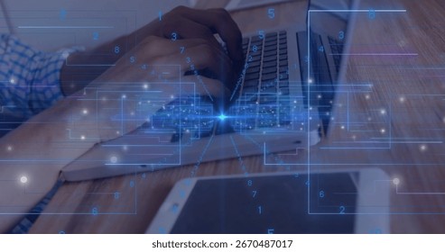 Typing worker's hands streaming data on laptop at office desk, with tablet and digital overlays. Technology, connectivity, data, digital, innovation, workspace, modern - Powered by Shutterstock - Get 15% off with code: PIKWIZARD15