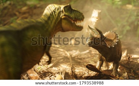 Tyrannosaurus rex dinosaurs is fighting Triceratop in a misty forest. on nature background. closeup dinosaur and monster model .