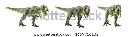 Tyrannosaurus Rex figurine isolated on white. Side view of a fierce T-Rex dinosaur. Tyrannosaurus was a bipedal carnivore with a massive skull. Exist before the Cretaceous-Paleogene extinction event.