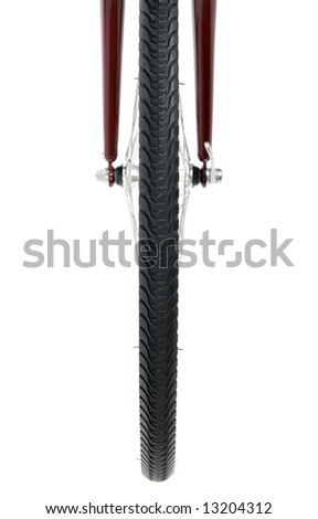 Tyre of bicycle wheel. Front view, isolated on white.