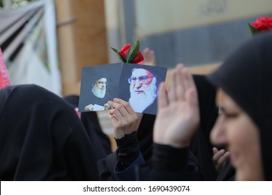 Tyre City, South Governorate/Lebanon/- 13.09.2019: Close Up Of Pictures Of Leader Iranian Islamic Revolution & Hezbollah Leader In Ashoura Day Event