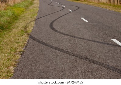 Tyre Skid Marks On A Rural Road