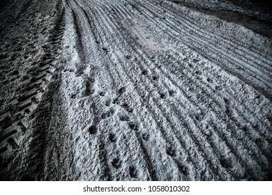 Tyre Track On Dirt Sand Or Mud, Picture In Retro Or Grunge Tone. Car Drive On Sand. Off Road Track.Dog Tracks Print On Sand.