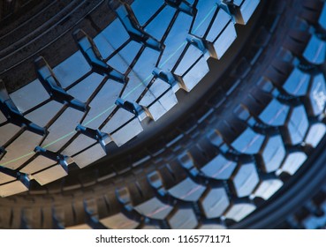 Tyre Treads, Background Closeup Of Thick Chunky Rubber Tyres.