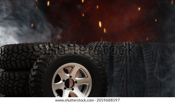 Tyres are on fire. Burning old tyres on\
recycling landfill. Smoke from tires\
fire.