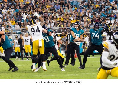 Tyson Alualu Bats The Ball Down From Trevor Lawrence Jacksonville, Florida USA August 20 2022 NFL Pittsburgh Steelers Vs Jacksonville Jagaurs