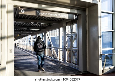 Tysons, USA - January 26, 2018: Tyson's Corner Mall Subway Metro Station In Fairfax, Virginia By Mclean, Sign, Man Walking