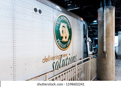 Tysons, USA - January 26, 2018: Old Dominion Freight Line, ODFL, Delivery, Shipping Truck Parked In Indoor, Indoors Parking Garage, Warehouse Near Tysons Corner Shopping Mall