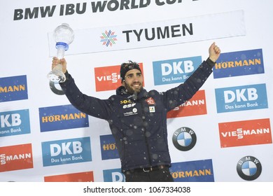 Tyumen, Russia, 03.22.2016. The final stage of the Biathlon World Cup, Martin Fourcade (France), the winner of the men's sprint race at 10 km. stadium "Pearl of Siberia".