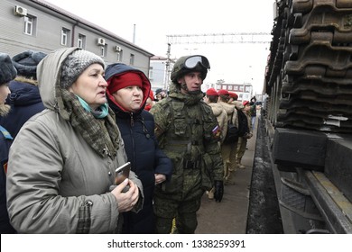 Tyumen, Russia, March 13, 2019, the railway station, the arrival of the train - the museum "Syrian turning point". The patriotic project of the Ministry of Defense of Russia on the results of the Russ - Shutterstock ID 1338259391