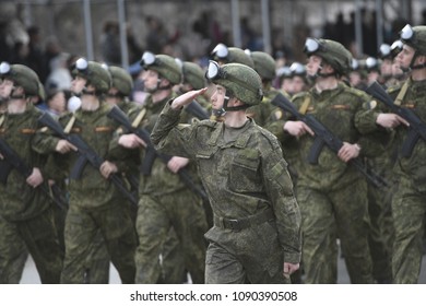 Tyumen, Russia, May 9, 2018, A Military Parade In Honor Of The Victory Day, Soldiers Of The Russian Army