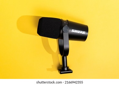 Tyumen, Russia-April 09, 2022: Shure MV7 is a dynamic microphone with USB and XLR connectors for connecting to laptops. Selective focus