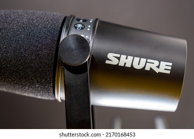 Tyumen, Russia-April 09, 2022: Shure MV7 dynamic microphone with USB and XLR connectors for connecting to laptops