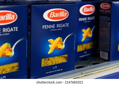 Tyumen, Russia-April 13, 2022: Barilla On A Supermarket Shelf. The Barilla Group Produces Several Kinds Of Pasta, Selective Focus