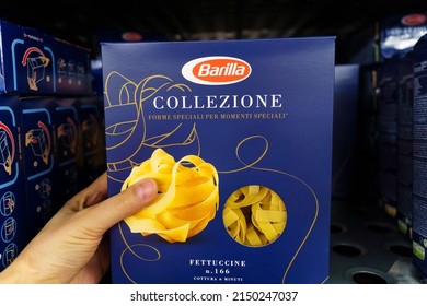 Tyumen, Russia-April 13, 2022: Barilla On A Supermarket Shelf. The Barilla Group Produces Several Kinds Of Pasta, Selective Focus